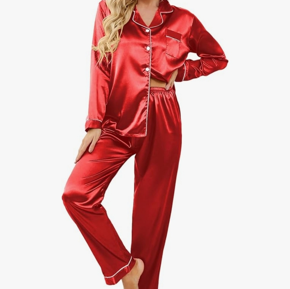 Women's Classic Button Down Long Satin Silk Pajama Set, Red, Size Large